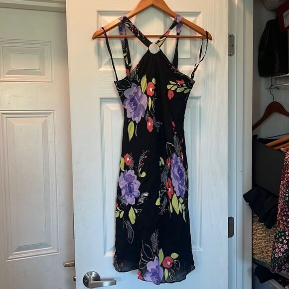 Floral Black Dress - Halter , Back Zip Dress - Worn Once - Petite 6 - Picture 1 of 5